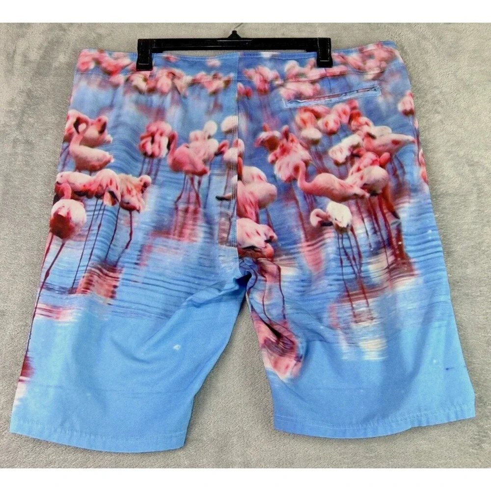 Old Navy Men's 38 Blue Pink Flamingo Hybrid Board Shorts Swim‎ Tropical Boho Fun